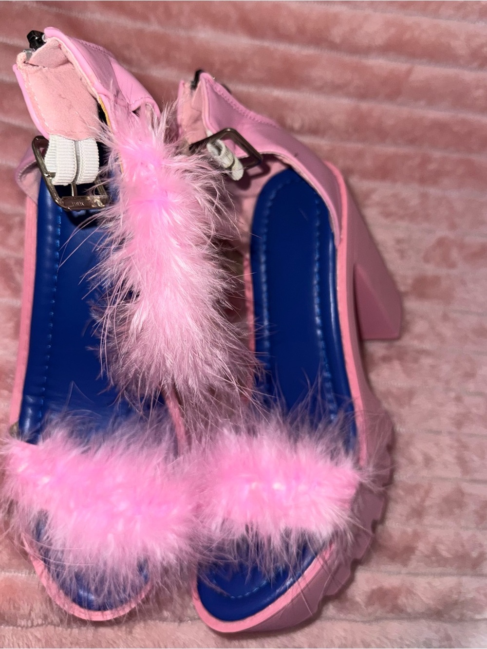 Pink Feather Block Heel Sandals with Blue Footbed